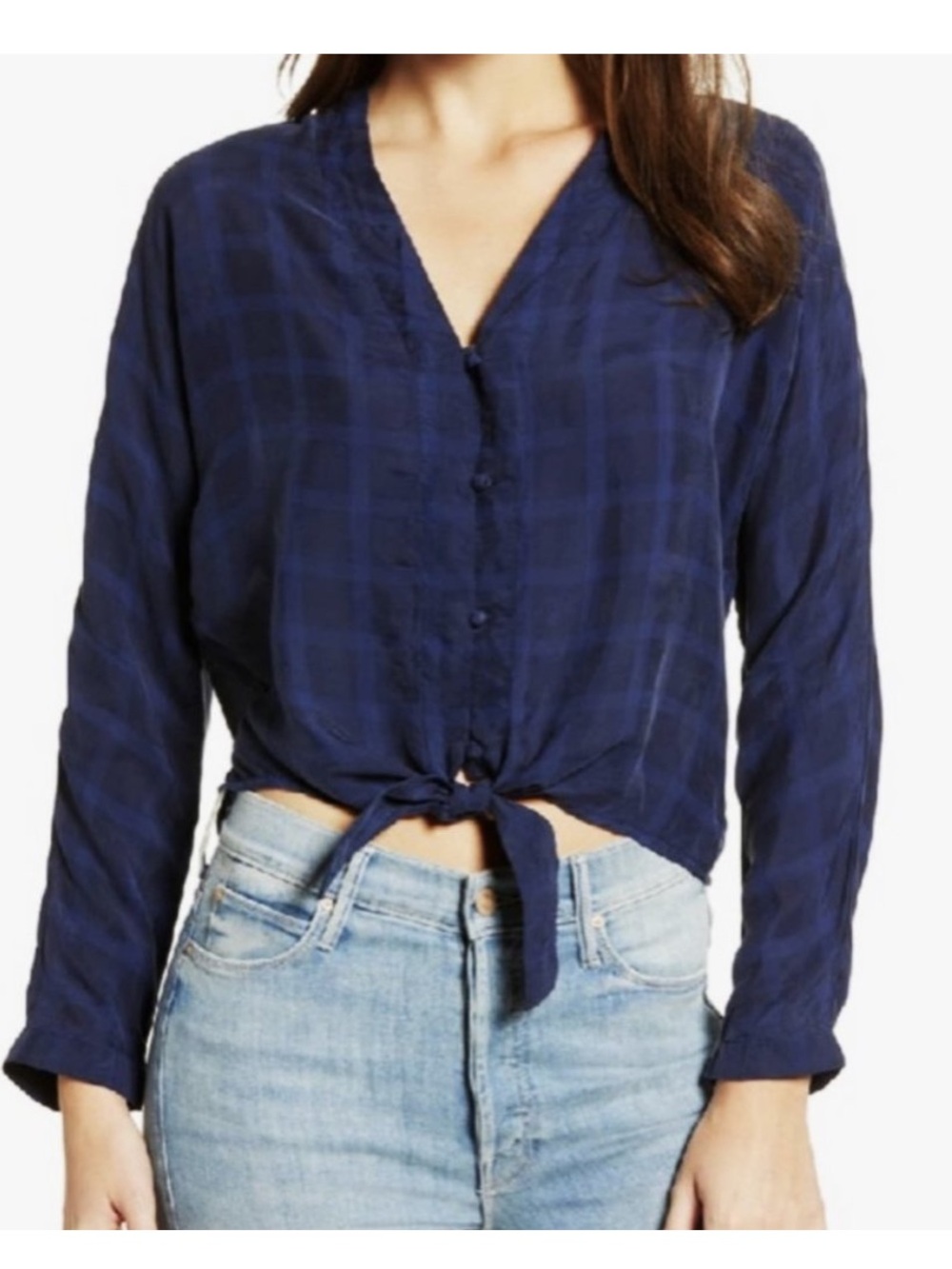 Rails Sloane Women’s XS Navy Plaid Button-Down Blouse -Tie-Front, Casual Chic